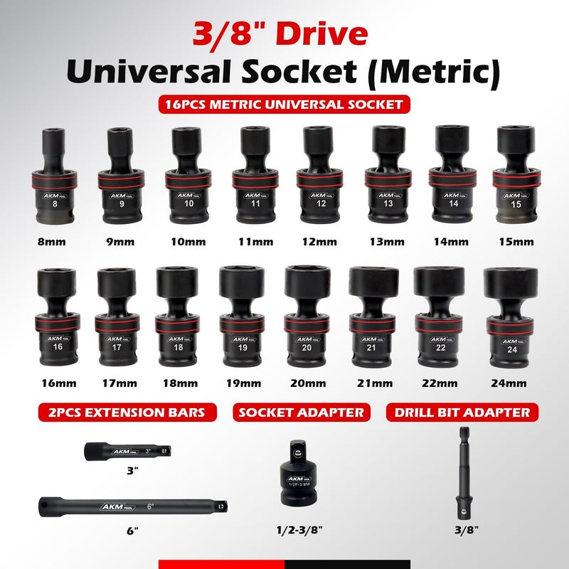 AKM TOOL 3/8" Drive Universal Impact Socket Set, 20 Piece Swivel Socket Set, Universal Joint Socket 6-Point, Metric, 8-22mm, Cr-Mo,with Extension Bars, Socket Adapter, Drill Bit Adapter - Image 2